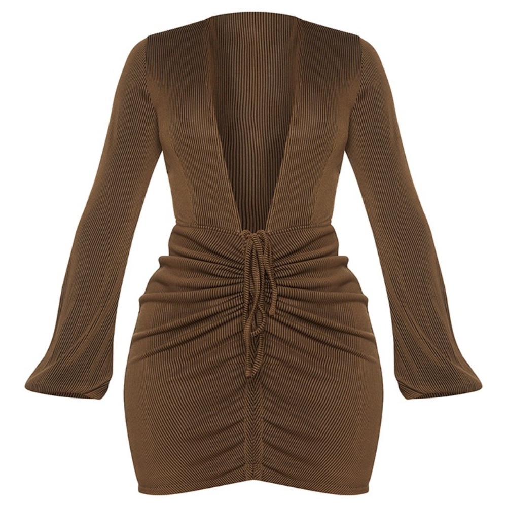Shape Chocolate Brown Rib Plunge Ruched Detail Bodycon Dress